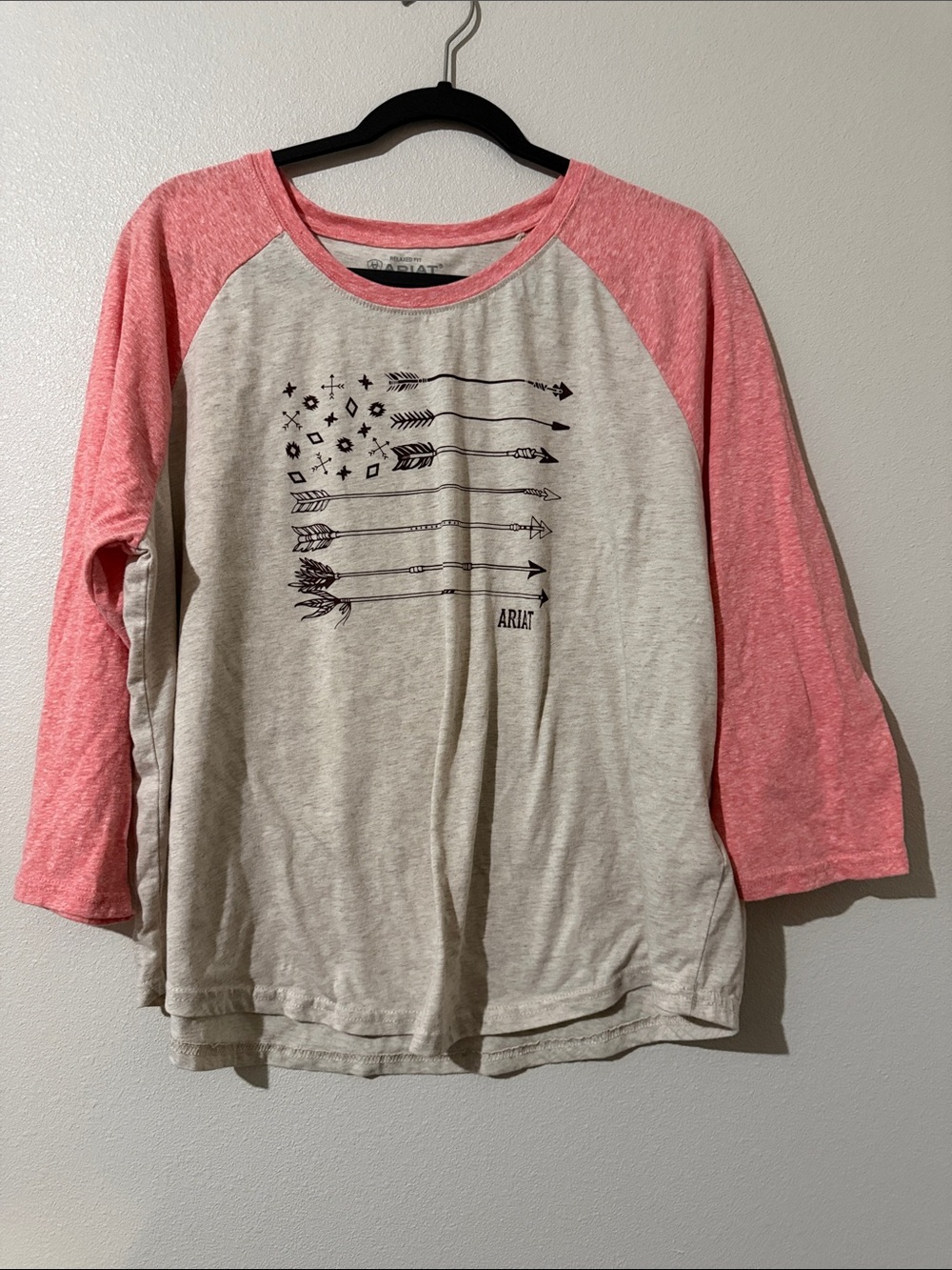 Ariat Cream Front with Pink Raglan Arrow Graphic Long Sleeve Tee